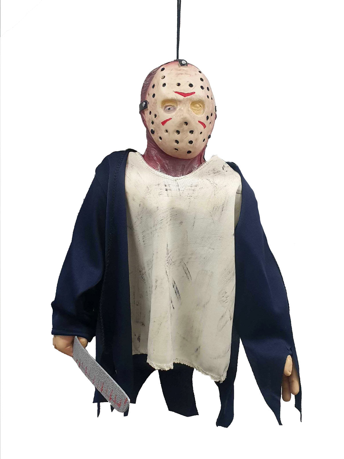 Hanging Jason puppet with hockey mask, dark jacket and machete