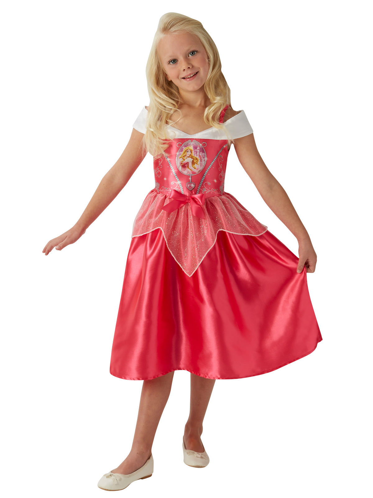 Girl in the Aurora Fairytale dress with glitter organza peplum and pink satin skirt