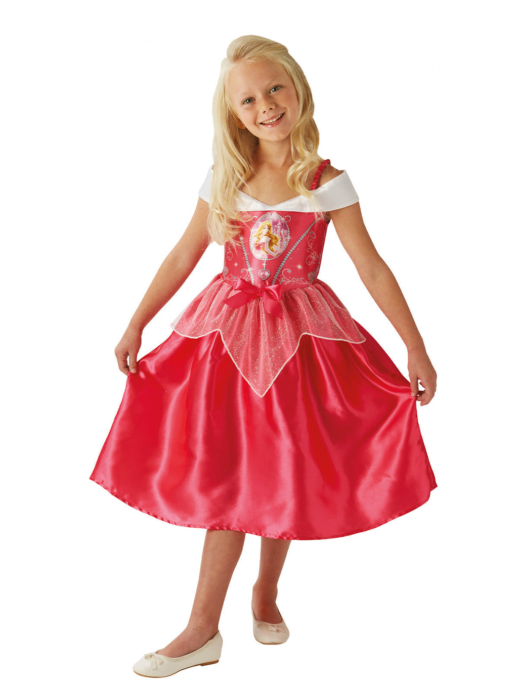 Girl wearing a pink Aurora Fairytale dress with printed bodice, white off-shoulder collar and satin skirt