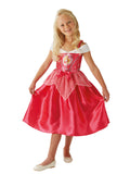 Girl wearing a pink Aurora Fairytale dress with printed bodice, white off-shoulder collar and satin skirt