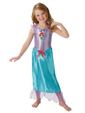 Girl in Ariel dress with purple bodice, character pendant, red bow and blue satin skirt with tulle hem