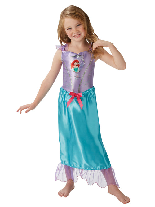 Girl in Ariel dress with purple bodice, character pendant, red bow and blue satin skirt with tulle hem