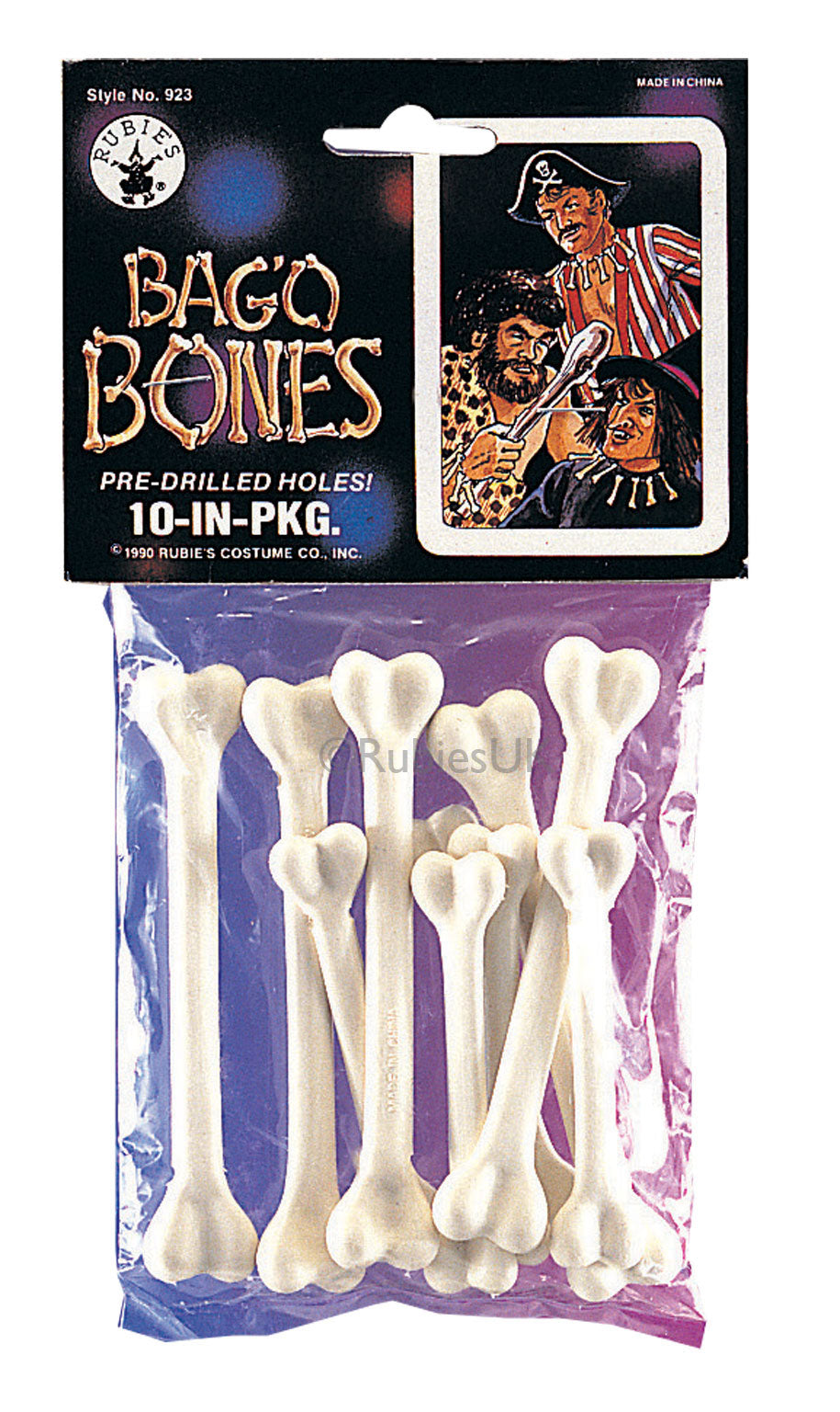 Pack of ten white plastic bones with pre-drilled holes in retail packaging