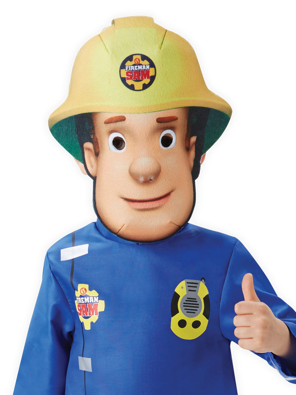 Close-up of the oversized felt Fireman Sam mask and yellow helmet