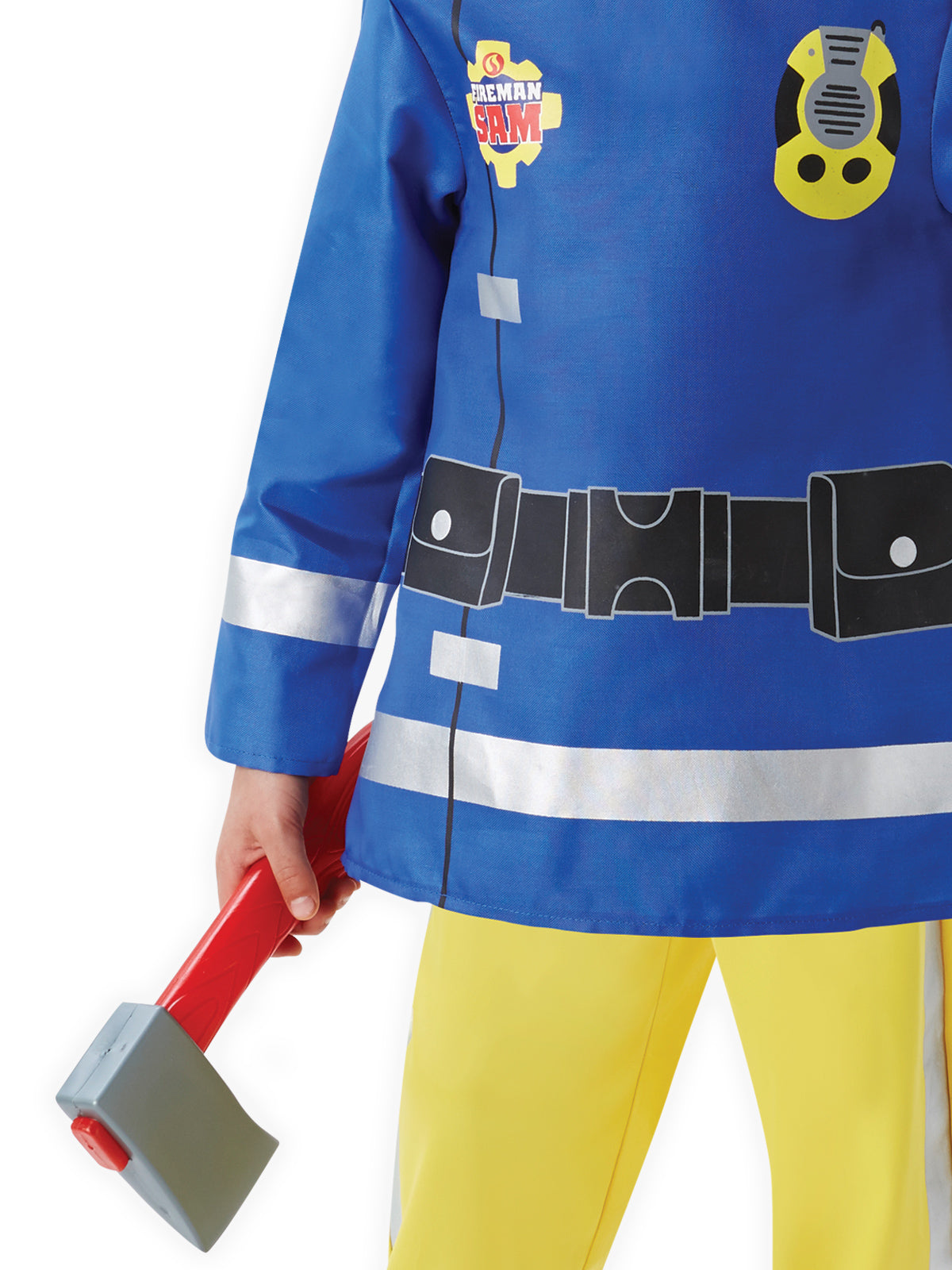 Close-up of the Fireman Sam printed tunic with tool belt, radio and toy axe