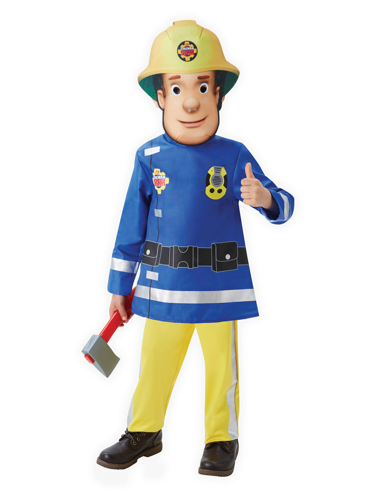 Toddler in a Fireman Sam deluxe tunic and yellow pants with felt mask helmet and toy axe