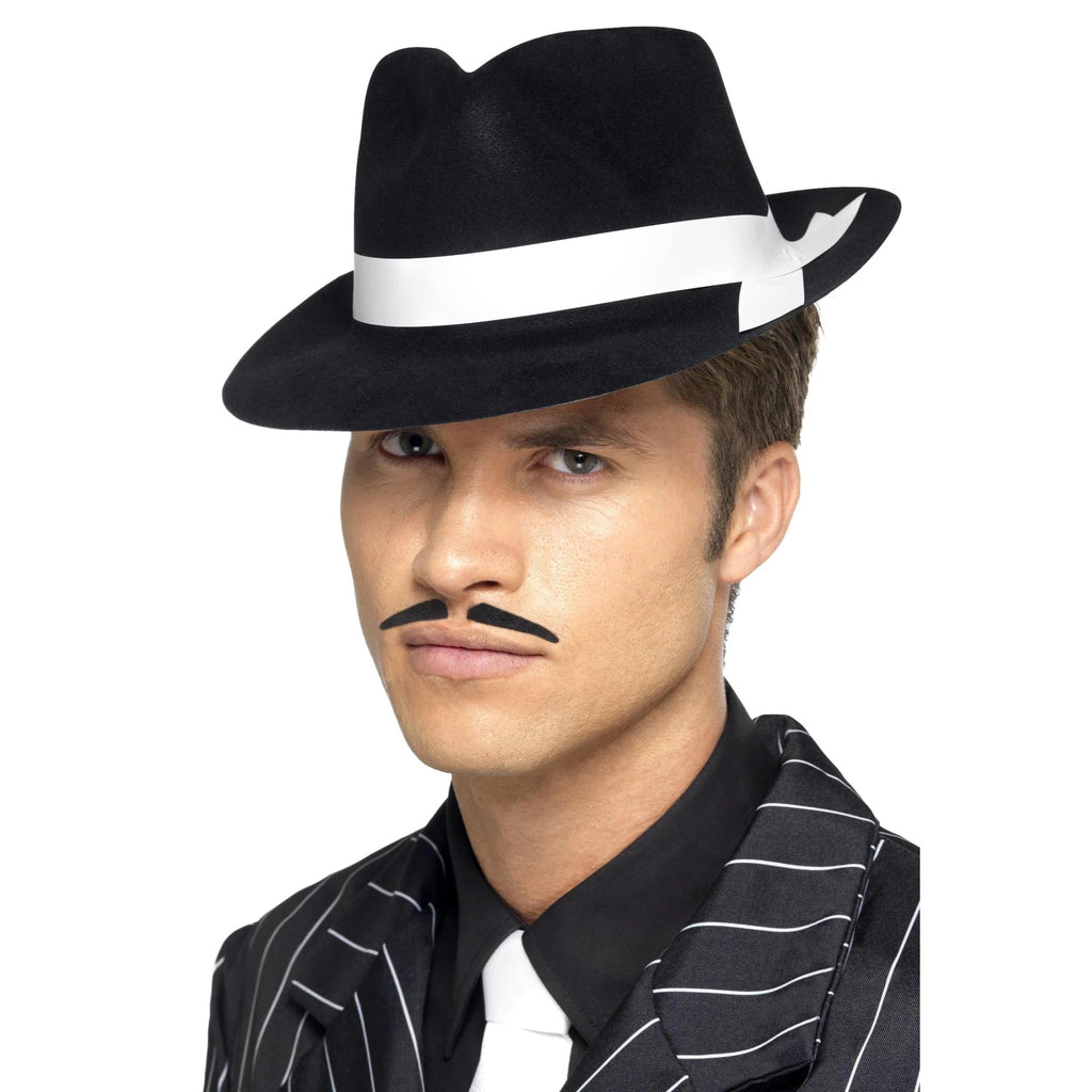 Man wearing a black felt gangster fedora with a white band