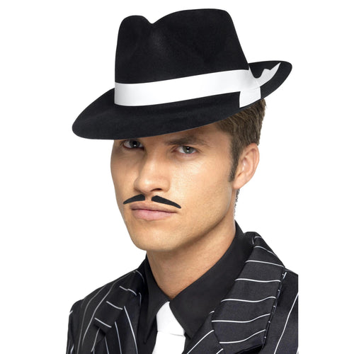 Man wearing a black felt gangster fedora with a white band