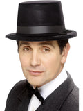 Man wearing a black flocked topper hat with black band