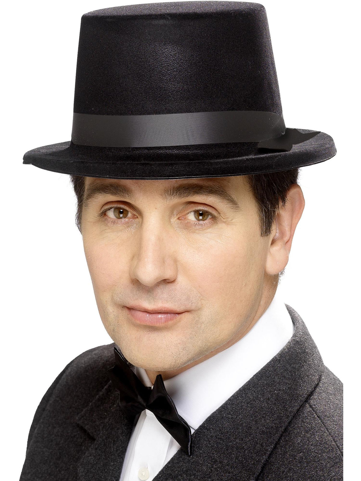 Man wearing a black flocked topper hat with black band