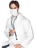 Man in a doctor's coat wearing a black toy stethoscope around his neck