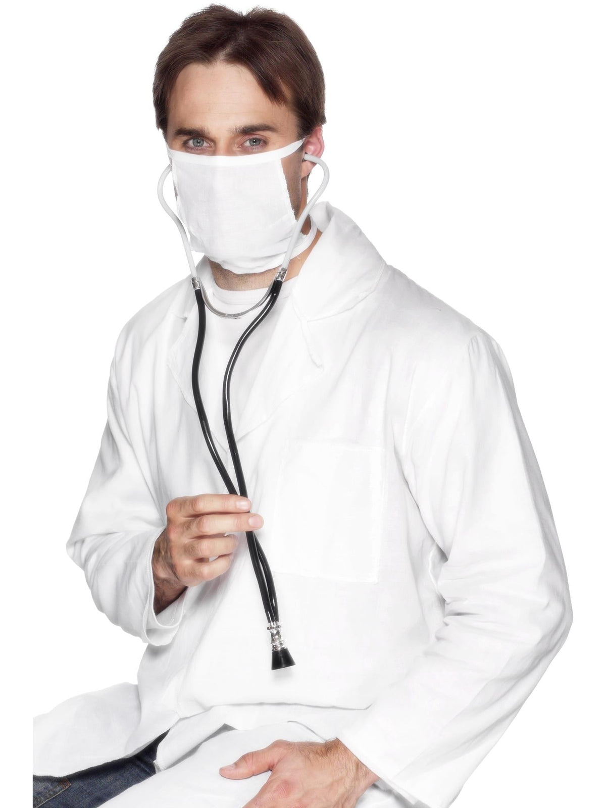 Man in a doctor's coat wearing a black toy stethoscope around his neck