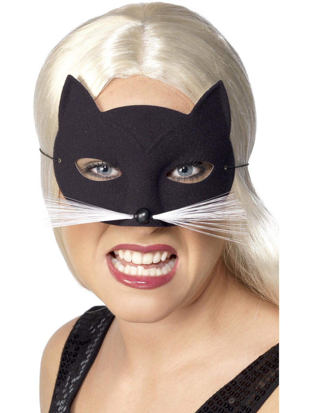 Woman wearing a black cat eyemask with white whiskers