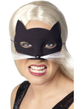 Woman wearing a black cat eyemask with white whiskers