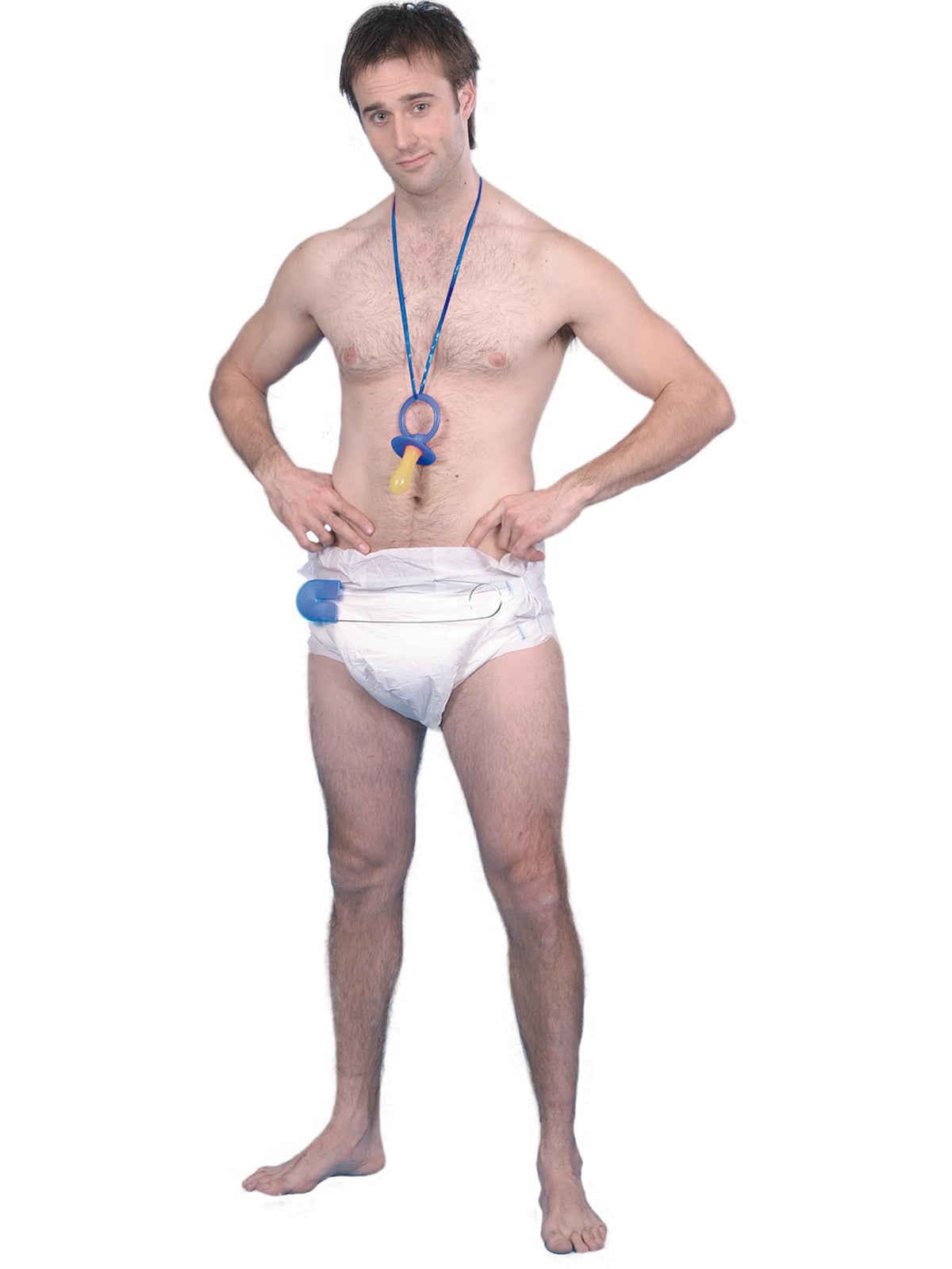 Man wearing a white paper nappy, a dummy on a cord and a giant safety pin