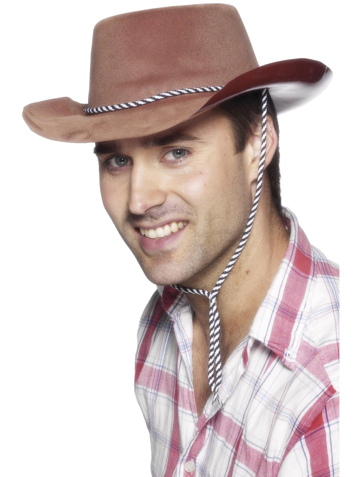 Man wearing a brown cowboy hat with a braided band and chin cord