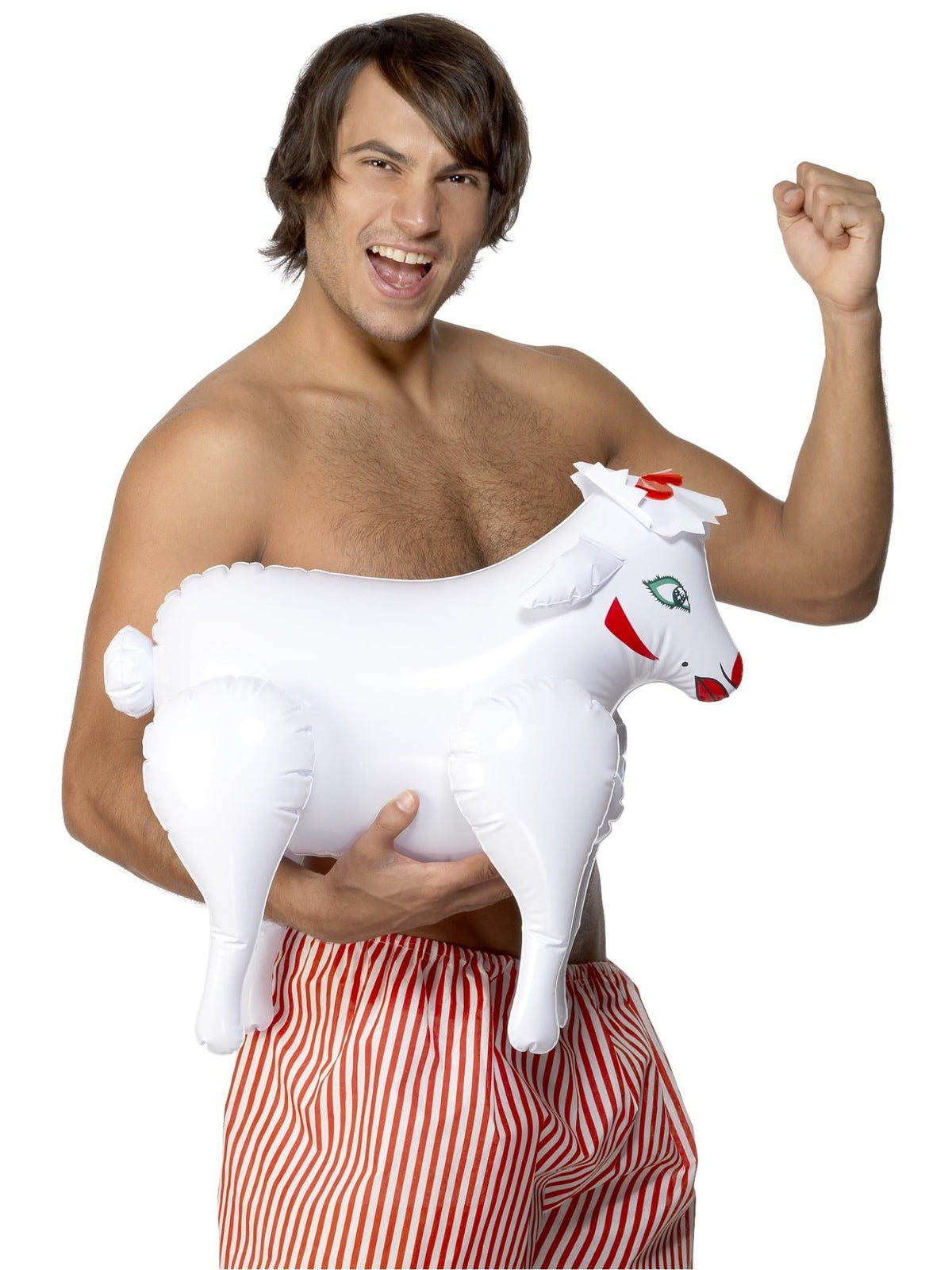Man holding a white inflatable sheep prop