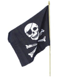 Black pirate flag with white skull and crossbones on a pole