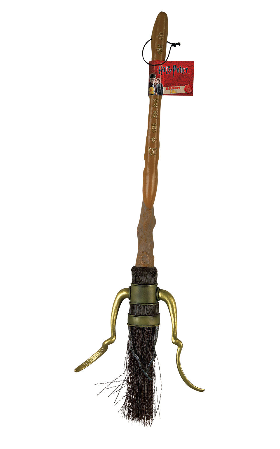 Harry Potter broom with wood-look handle, gold stirrups and brown bristles