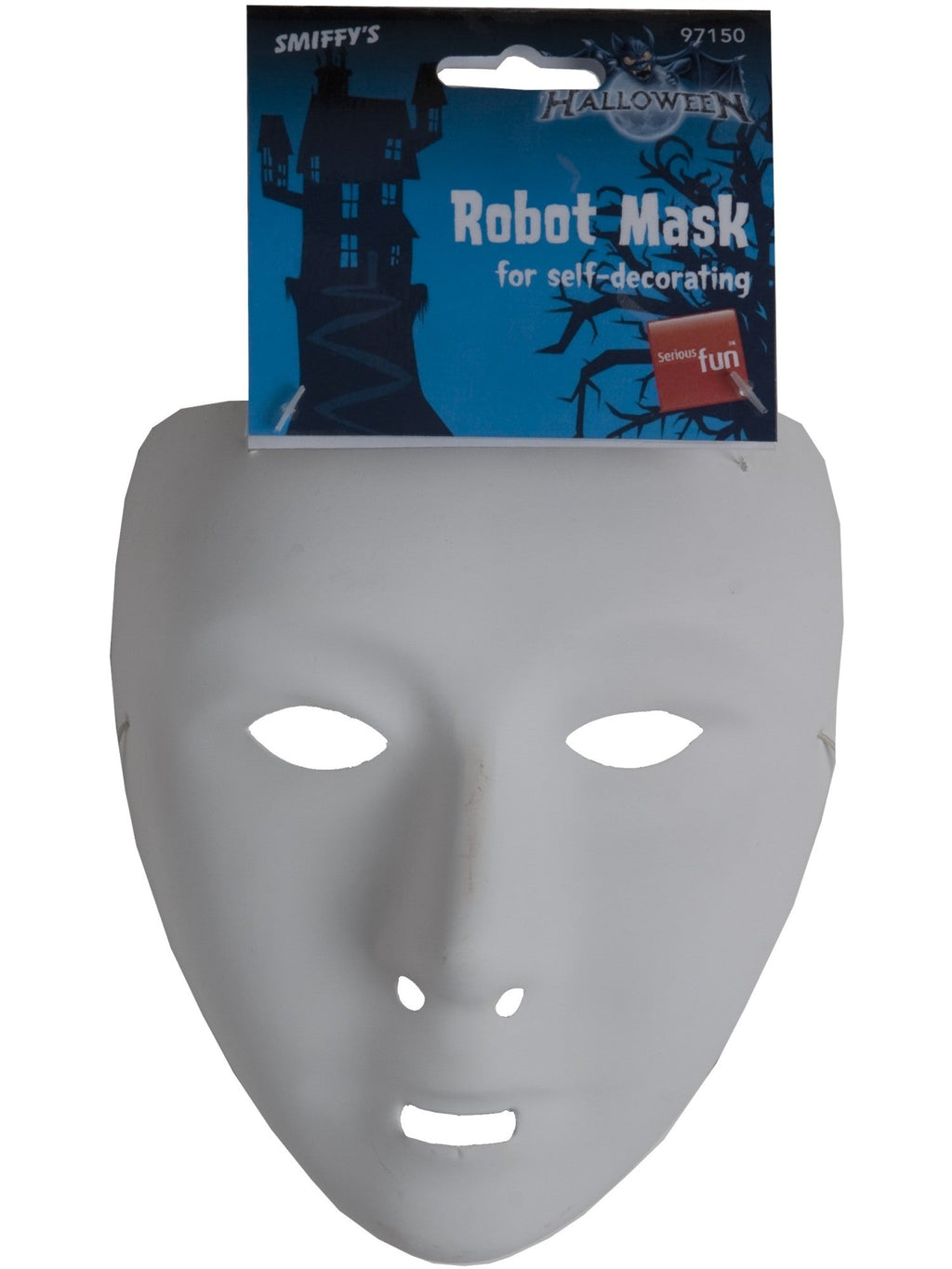 White robot mask in its retail packaging