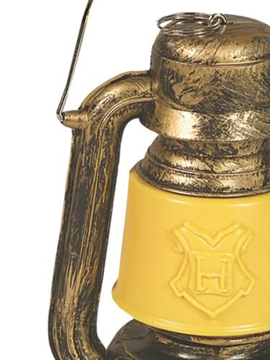 Close-up of the lantern's weathered gold frame and yellow diffuser