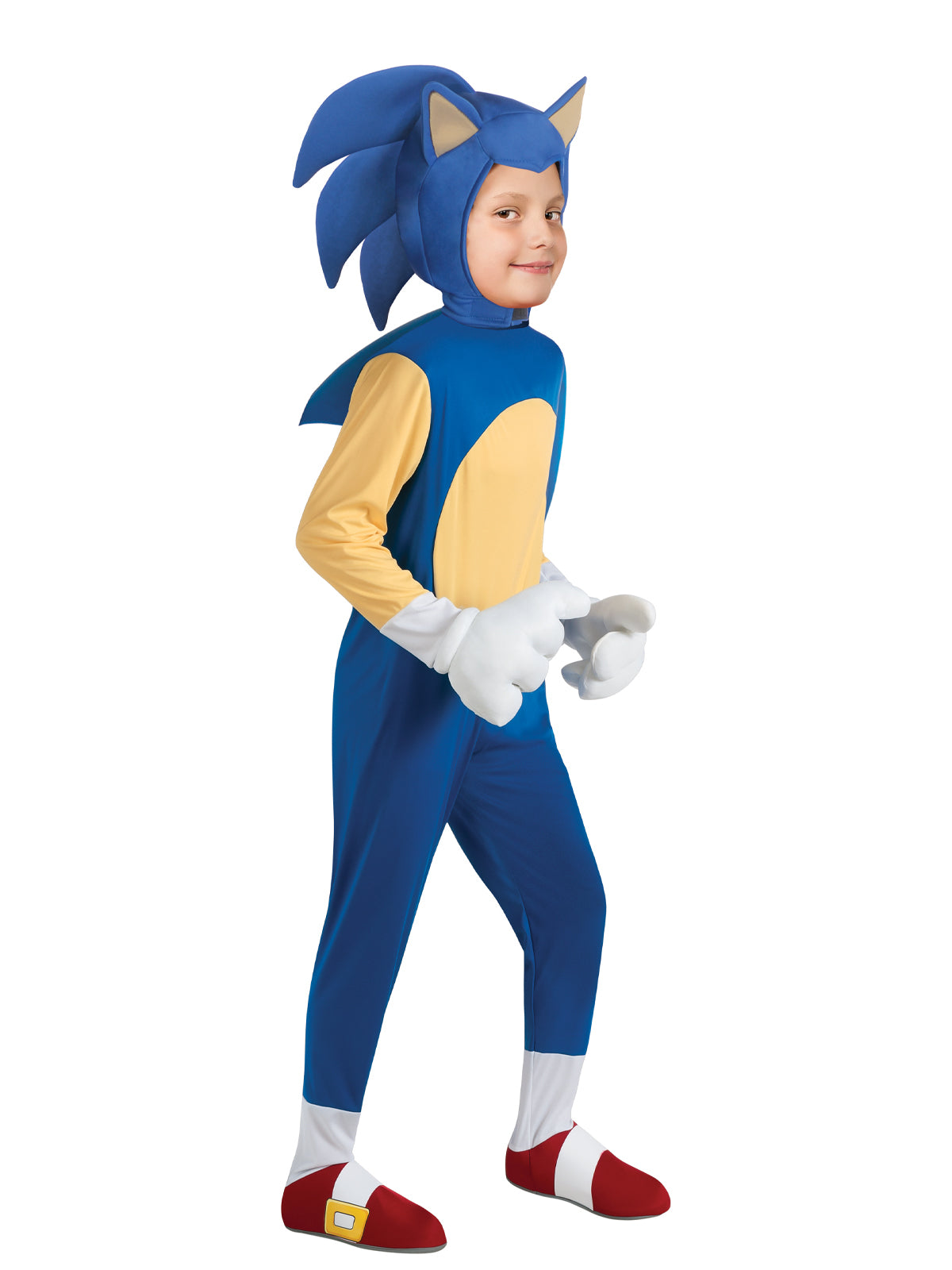 Boy wearing a blue Sonic the Hedgehog jumpsuit with plush spiky headpiece, white gloves and red shoe covers