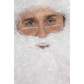 Man in a Santa wig and beard wearing gold half moon Santa glasses