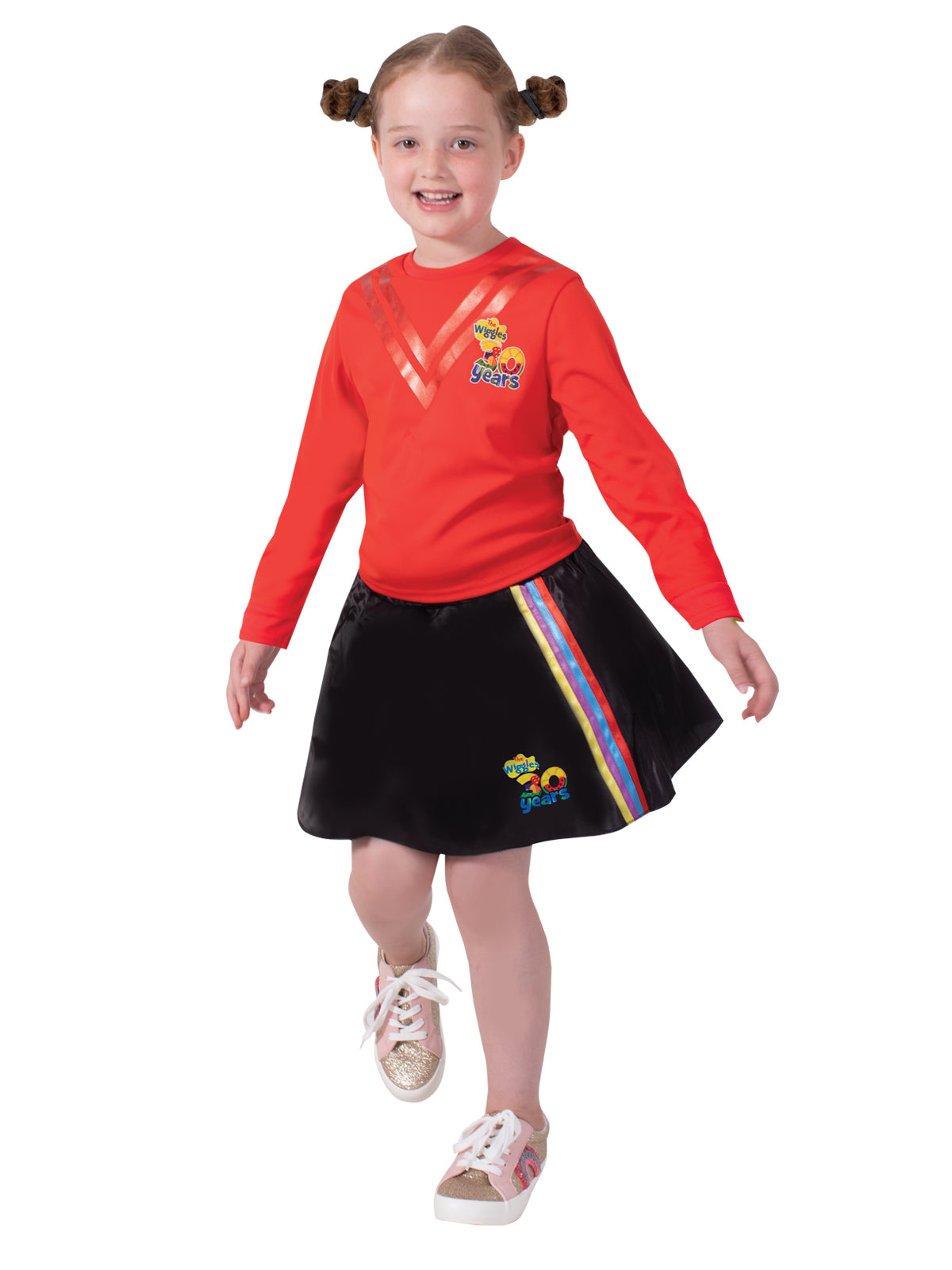 Girl wearing a black satin Wiggles 30th Anniversary skirt with rainbow glitter side stripes and logo
