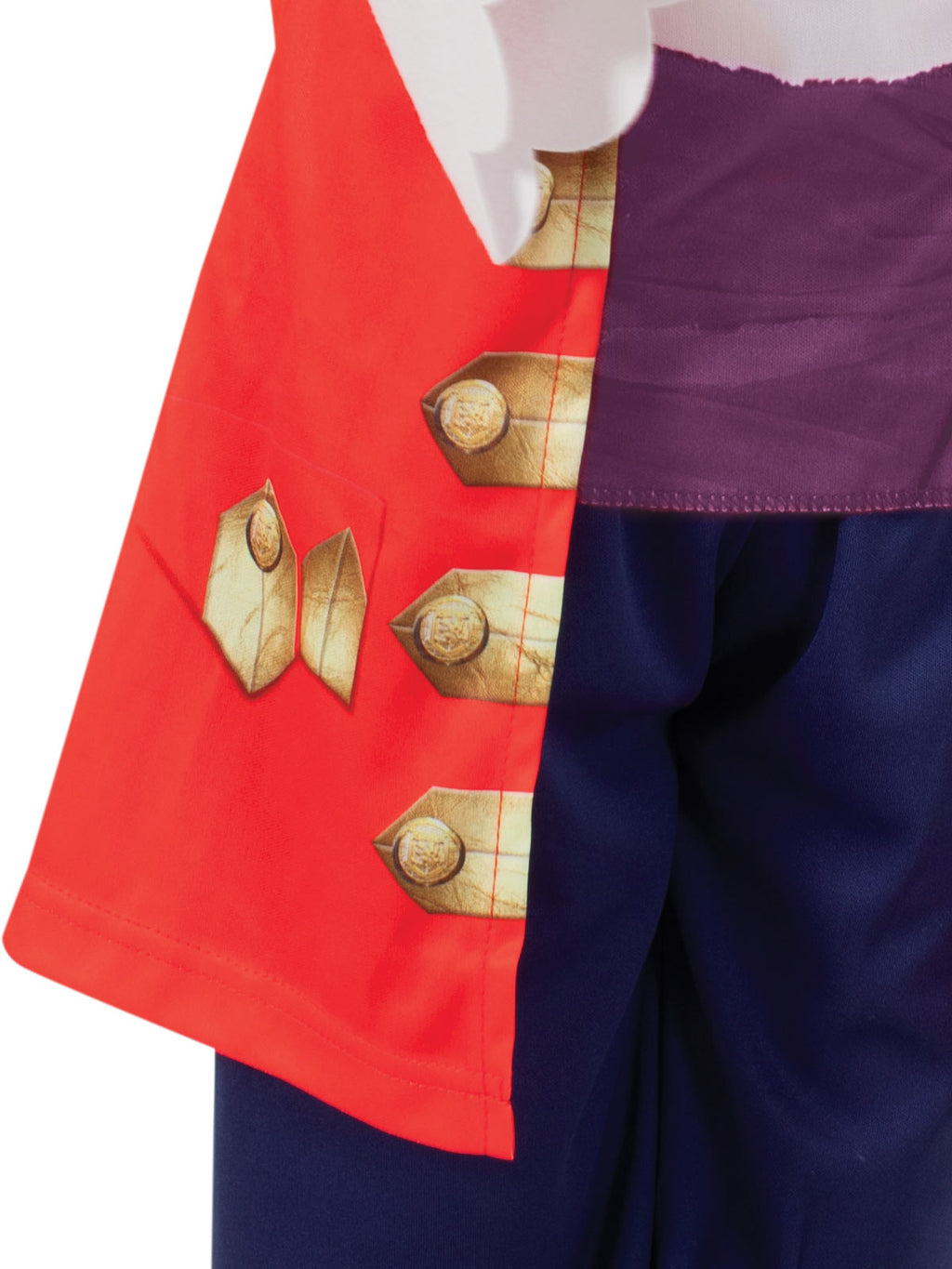 Close-up of the Captain Feathersword shirt's printed gold buttons, red mock vest and purple waist sash