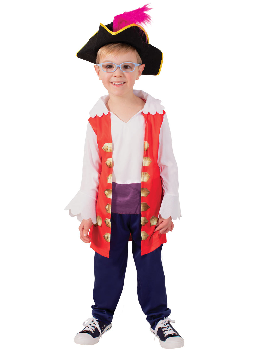 Child in a Captain Feathersword costume with mock red vest shirt, purple sash, navy pants and feathered pirate hat