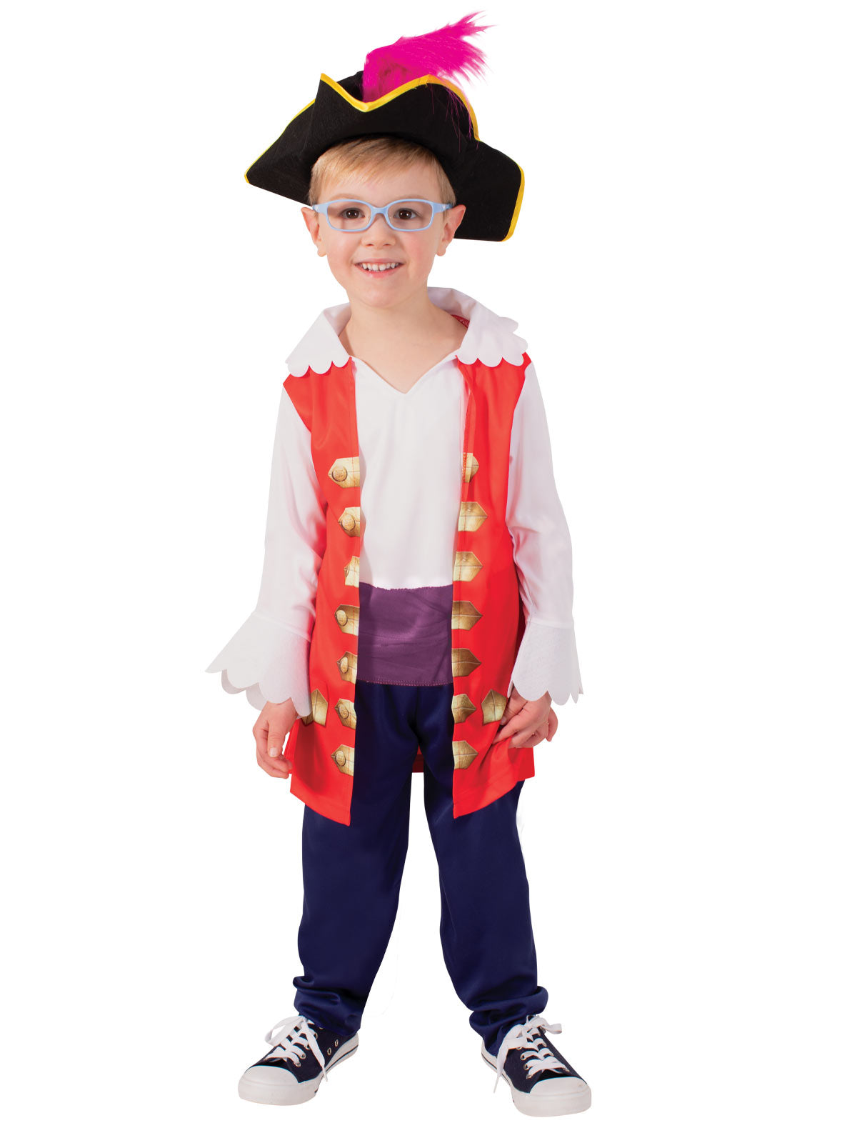 Child in a Captain Feathersword costume with mock red vest shirt, purple sash, navy pants and feathered pirate hat