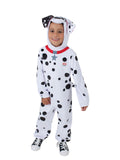 Boy in furry white 101 Dalmatians jumpsuit with black spots, red collar and floppy-eared puppy hood