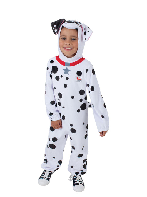 Boy in furry white 101 Dalmatians jumpsuit with black spots, red collar and floppy-eared puppy hood