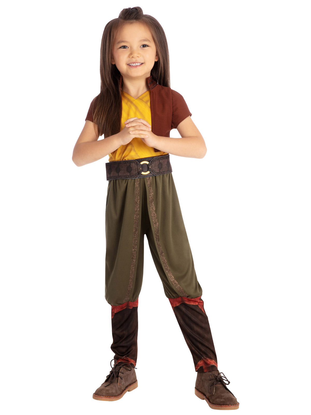 Girl wearing a Raya costume with red bolero, yellow top, belted olive harem pants and boot tops