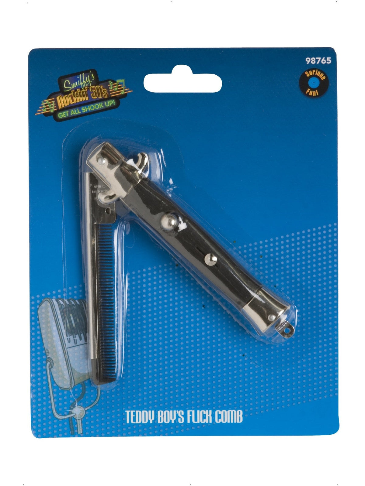 Teddy boy flick comb in its retail packaging