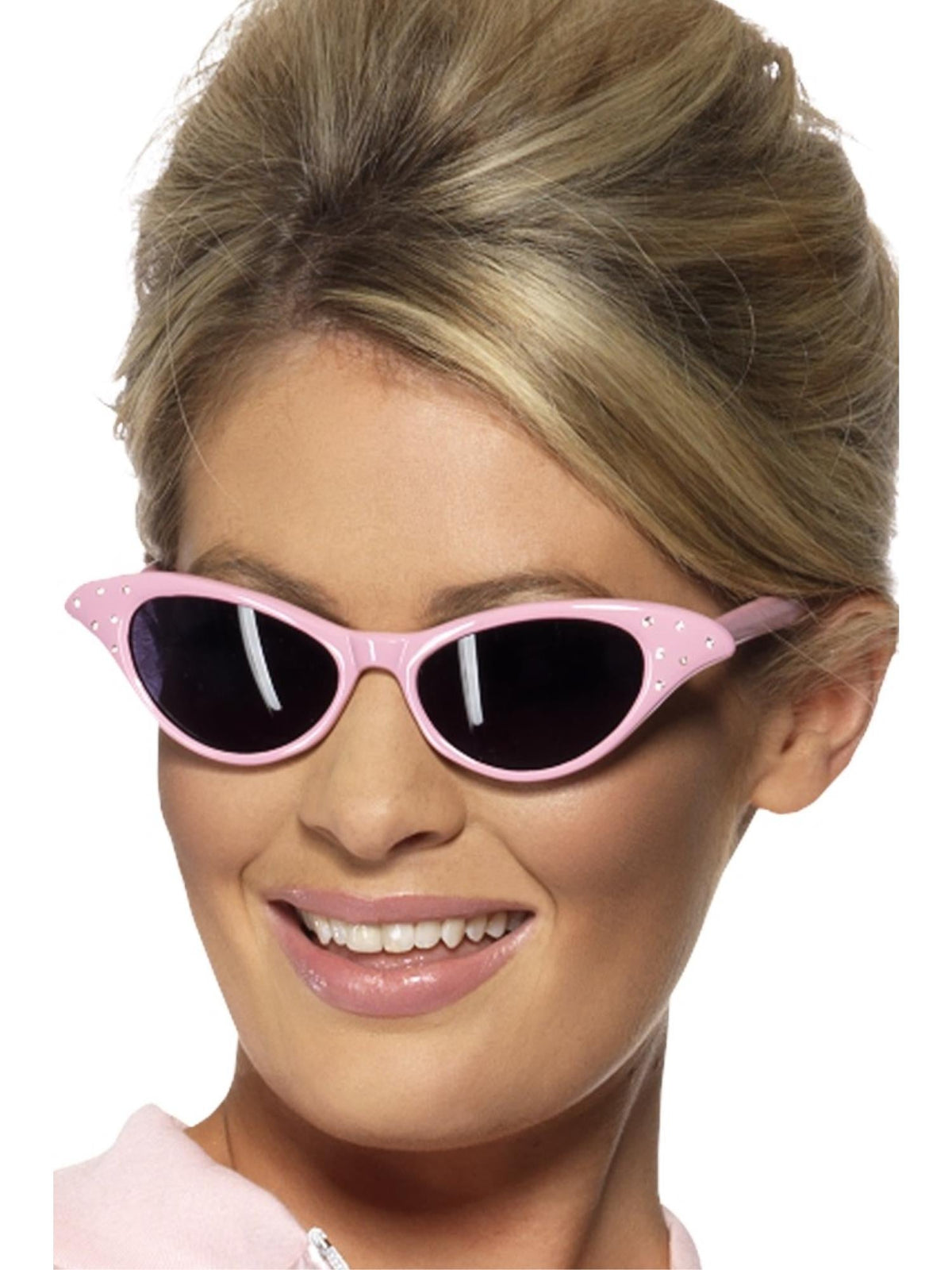 Woman wearing pink cat-eye 50s rock and roll sunglasses with dark lenses