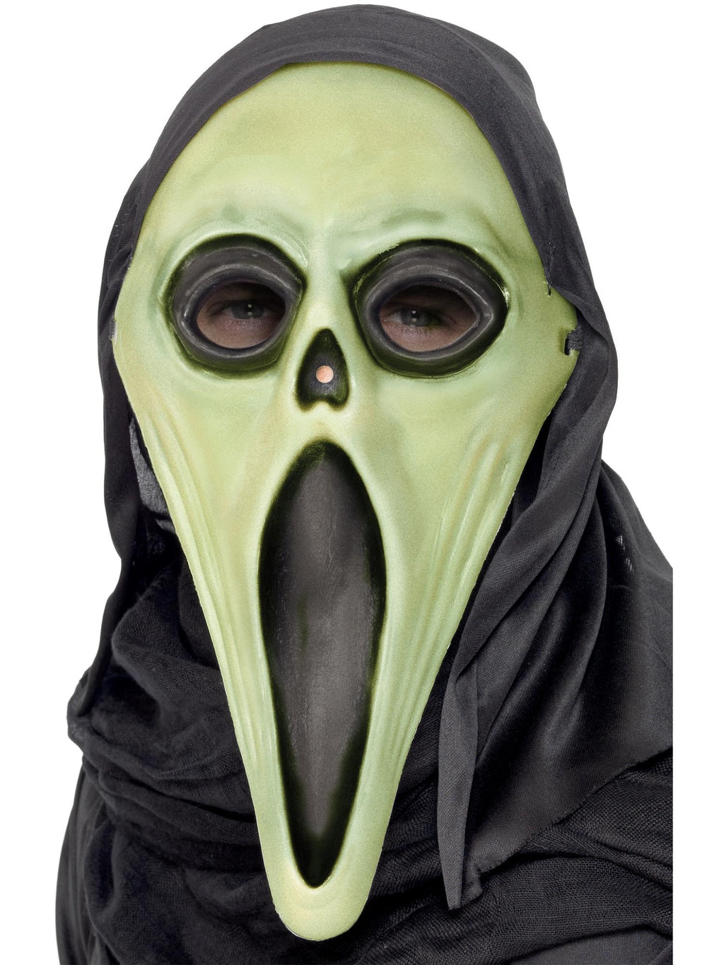 Glow in the dark screamer mask with long open mouth and black hood