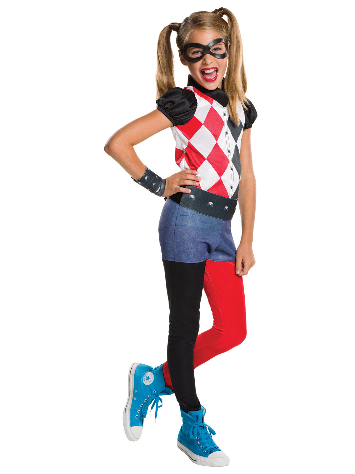 Girl posing in the Harley Quinn DCSHG Classic costume with a black eye mask and split red and black leggings