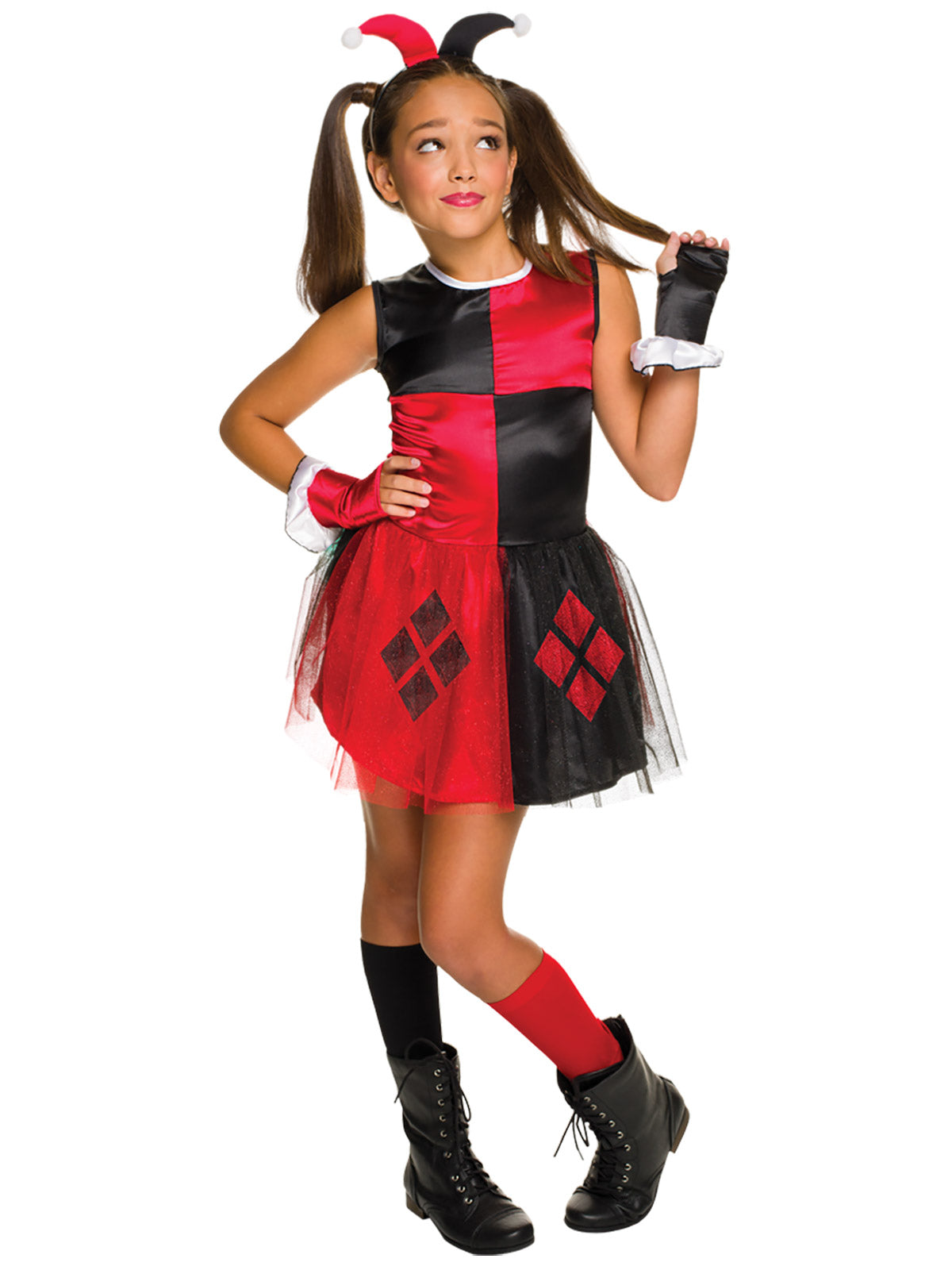 Girl in the DC Harley Quinn tutu dress in red and black checker with diamond print, glovelets and jester headband
