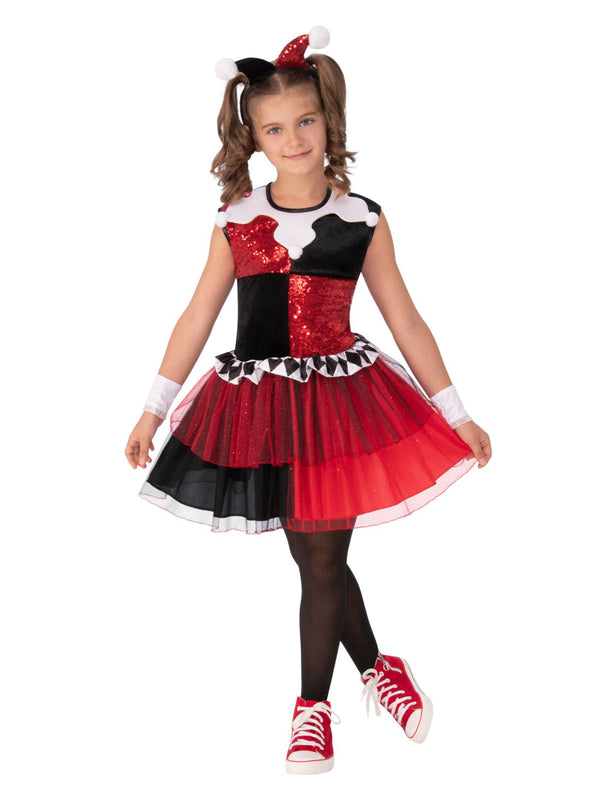 Girl in the DC Harley Quinn Deluxe Tutu dress with a red sequin and black checker bodice, glitter tulle and jester collar