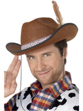 Man wearing a brown deluxe cowboy hat with patterned band and feather