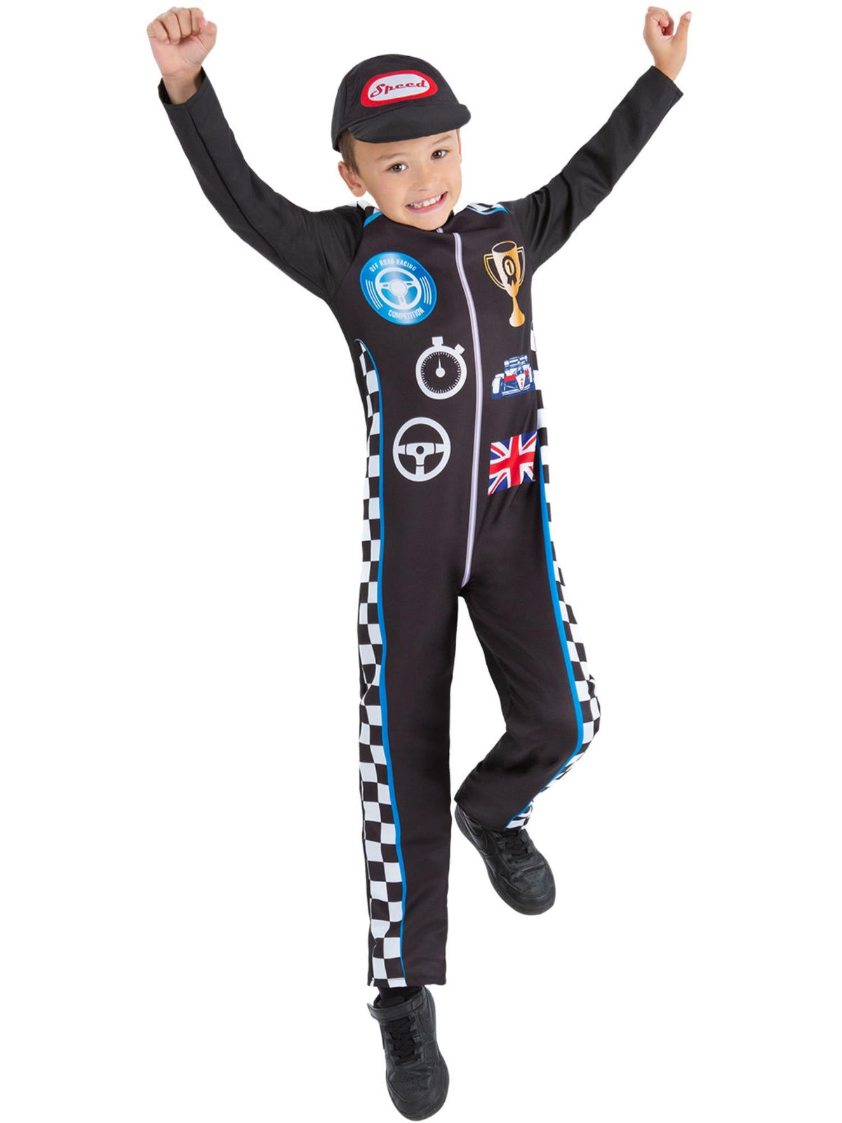 Child jumping in the racing driver jumpsuit with printed decals and logo racing cap