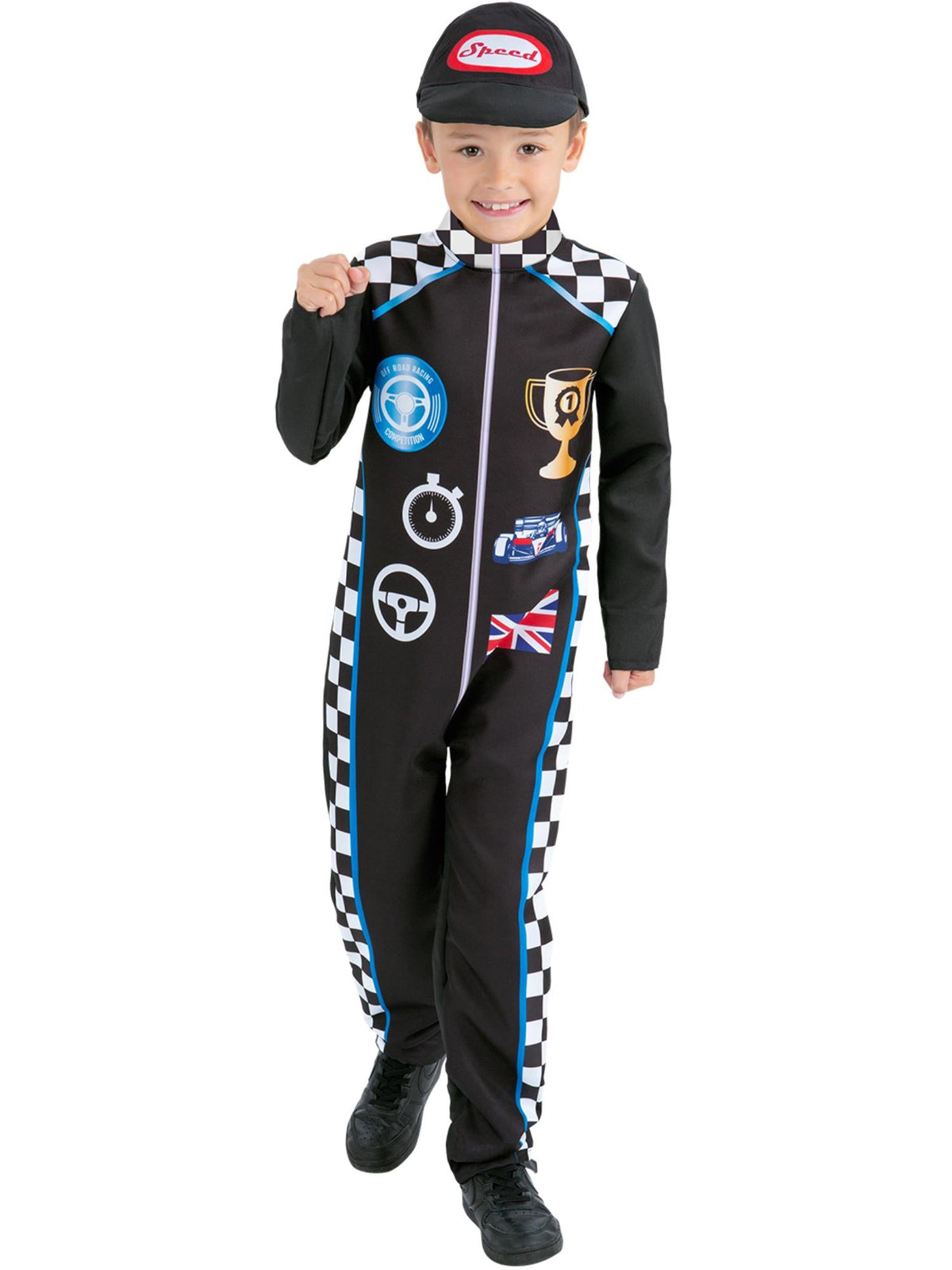 Child in a black racing driver jumpsuit with checkered stripes, printed logos and peaked racing cap