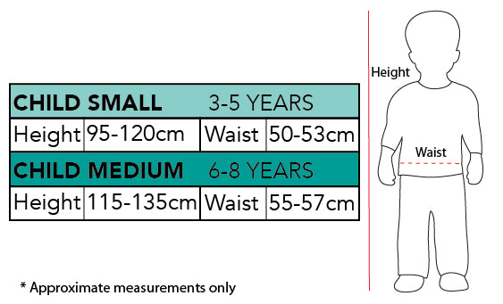 Size chart for the Jasmine Sparkle Deluxe Costume, Child