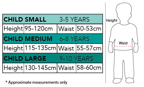 Size chart for the Willy Wonka Costume, Child
