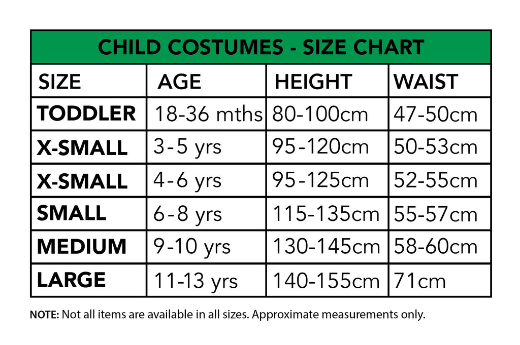 Size chart for the Woody Toy Story Costume, Child