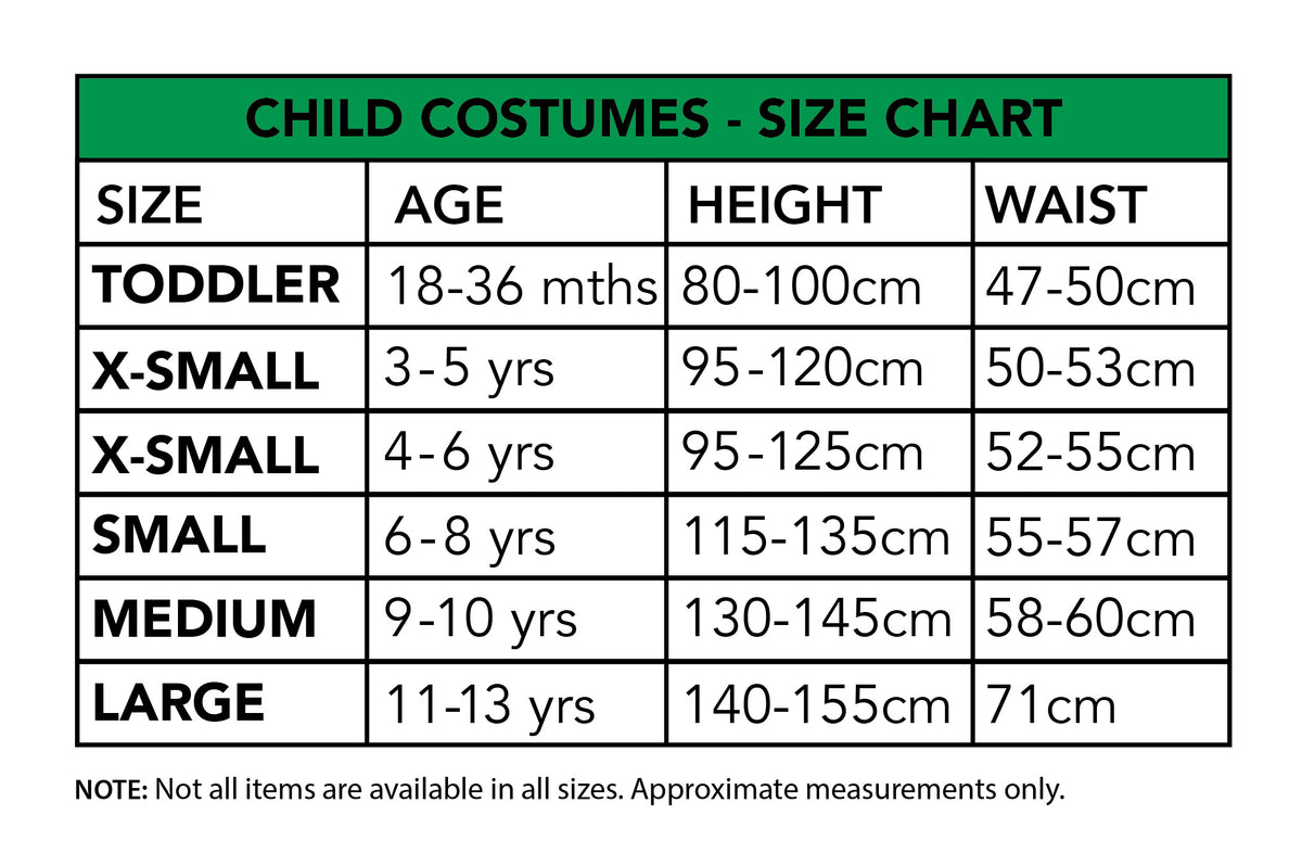 Size chart for the Ninja Costume, Child