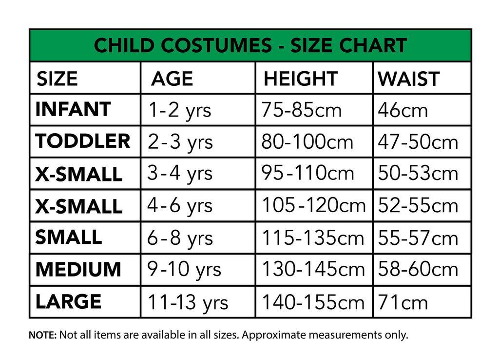 Size chart for the Orange Dragon Costume, Child
