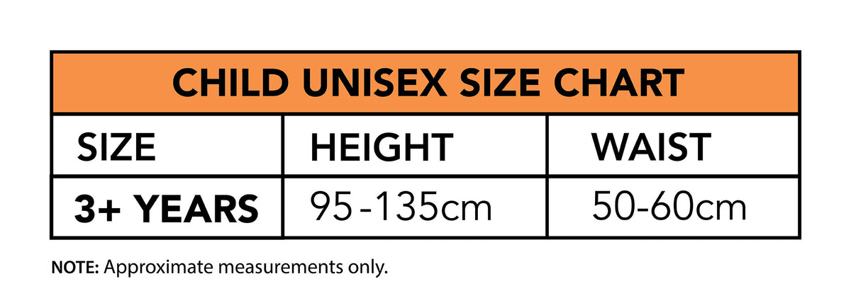 Size chart for the Green Crayon Tabard Costume, Child