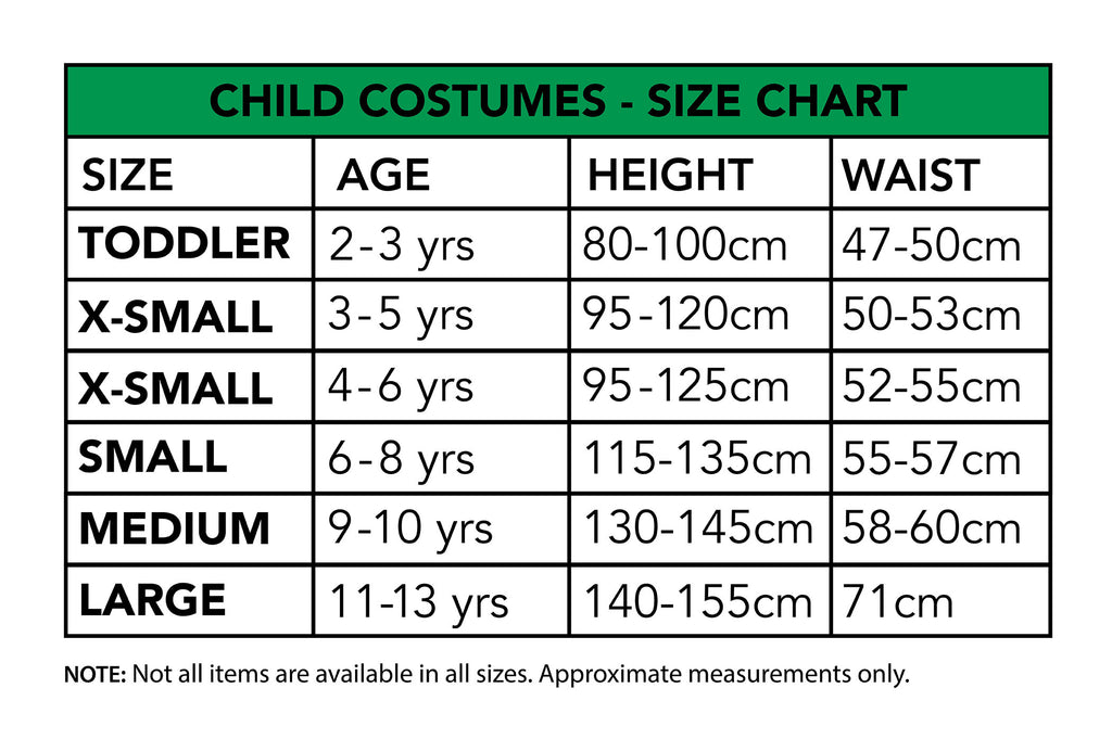 Size chart for the Belle Deluxe Costume, Child